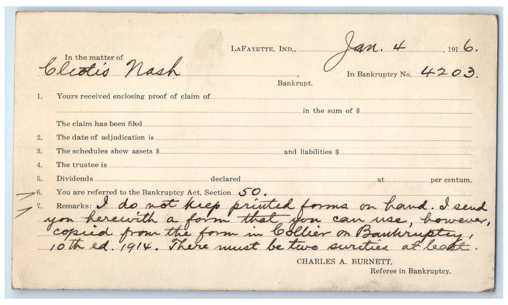 1916 Bankruptcy Letter Charles Burnett Referee Lafayette Indiana IN Postal Card
