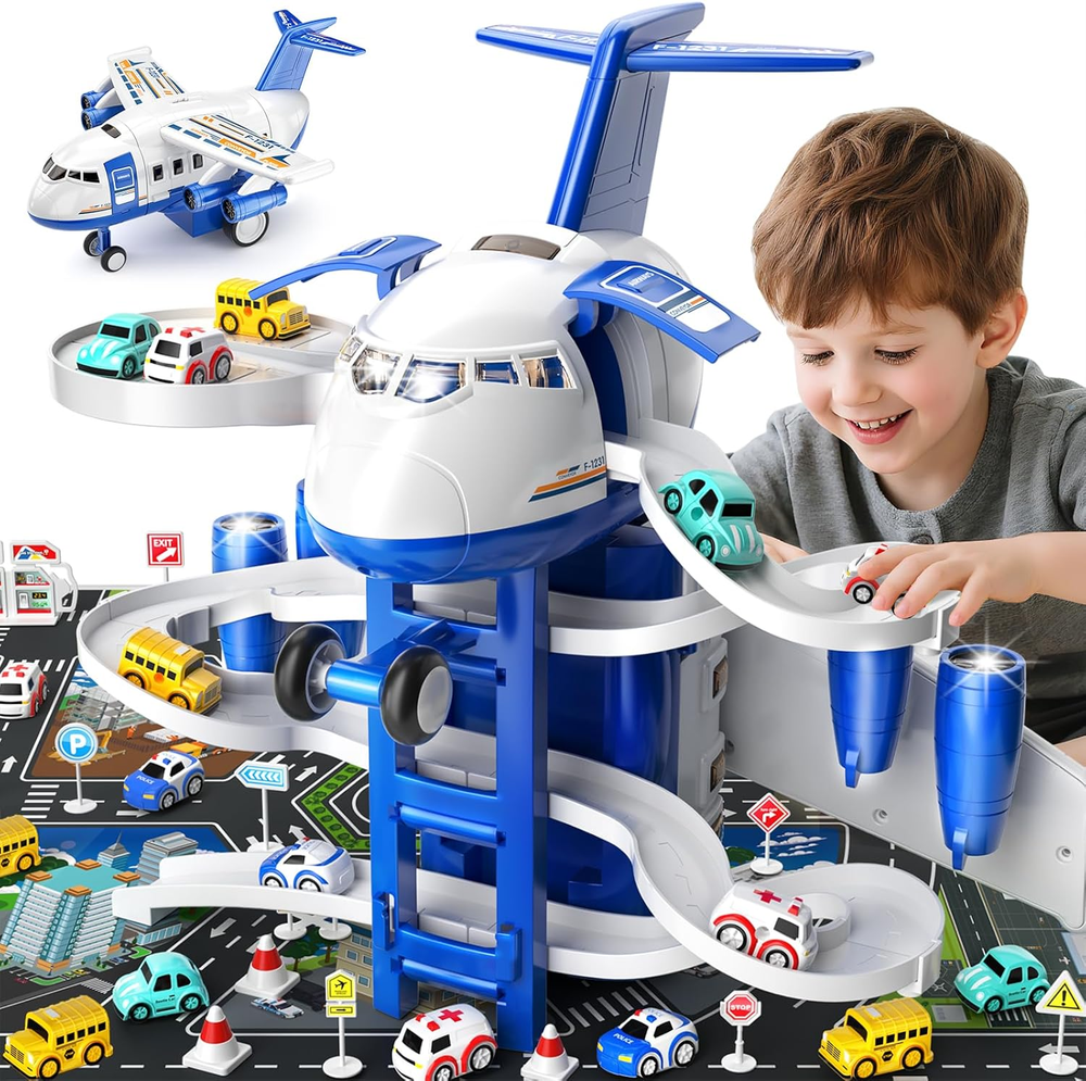 Airplane Toys for Toddlers 2-4 - Boy Toy Car Race Tracks for Kids Ages 3-5 with