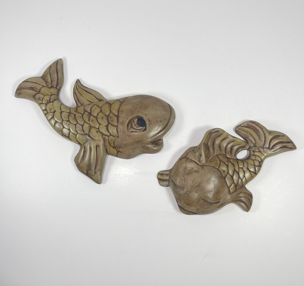 VTG  1960 Ceramic Fish Brown & Green Hanging Plaques Set Of 2 MCM Hand Painted