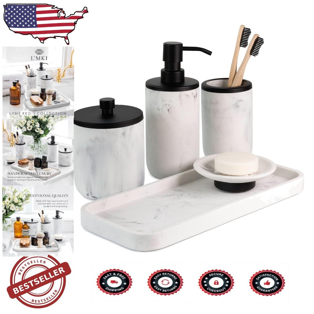 Elegant 5-Piece Matte Black Bathroom Set with Resin Accents