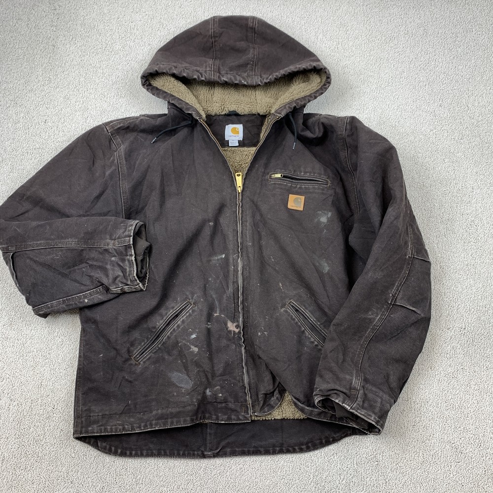 Vintage Carhartt J141 Hooded Sherpa Lined Jacket Men's XL Brown Durable Workwear