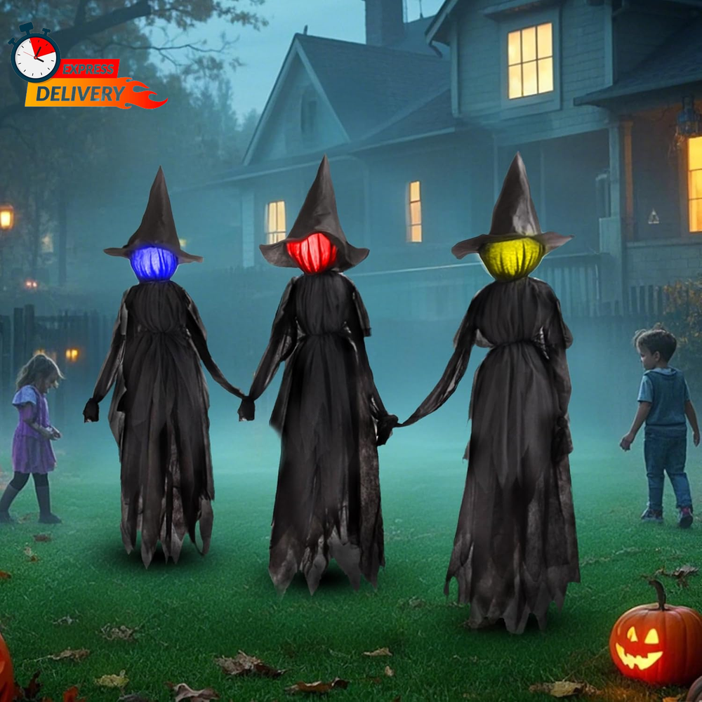 DR.DUDU 6ft Glowing Witch Stakes Halloween Yard Decor Set of 3 Spooky Lighted Figures
