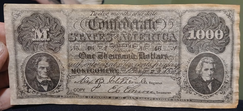 1861 Civil War Confederate $1000 Bill Currency Reproduction