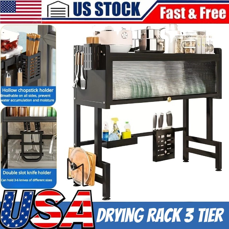 3-Tier Over-the-Sink Metal Dish Drying Rack with Lid for Kitchen