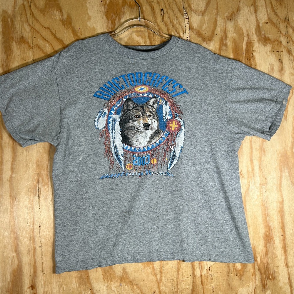 Vintage 2003 Wolf Biketoberfest Daytona T-Shirt Men's Size Large Gray Crew Neck
