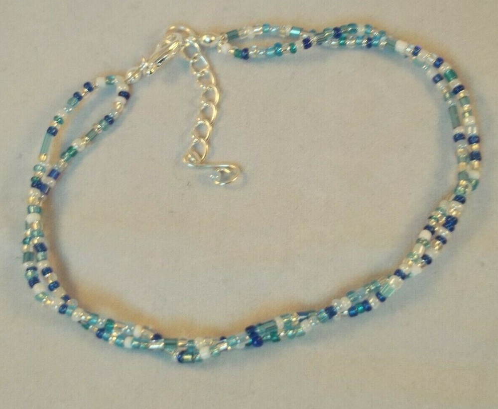 Double strand stretch seed bead anklet ankle bracelet in blue for plus size-image