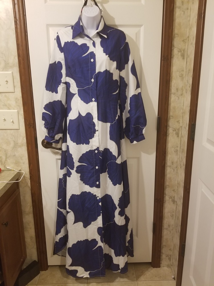 NWT fits S Miss Ord white blue printed button front maxi shirt dress long sleeve
