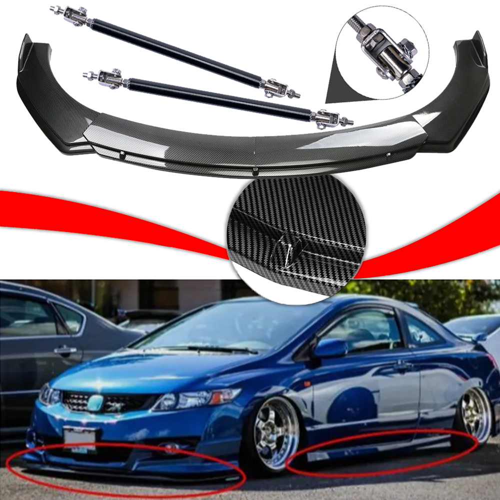 For Honda Civic SI Coupe Carbon Fiber Style Front Bumper Lip Spoiler Strut Rods