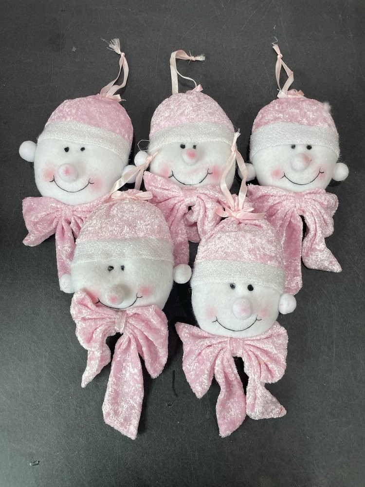 Pink Velvet Snowman Elf Christmas Ornaments 9 1/4 Inch Set of 5