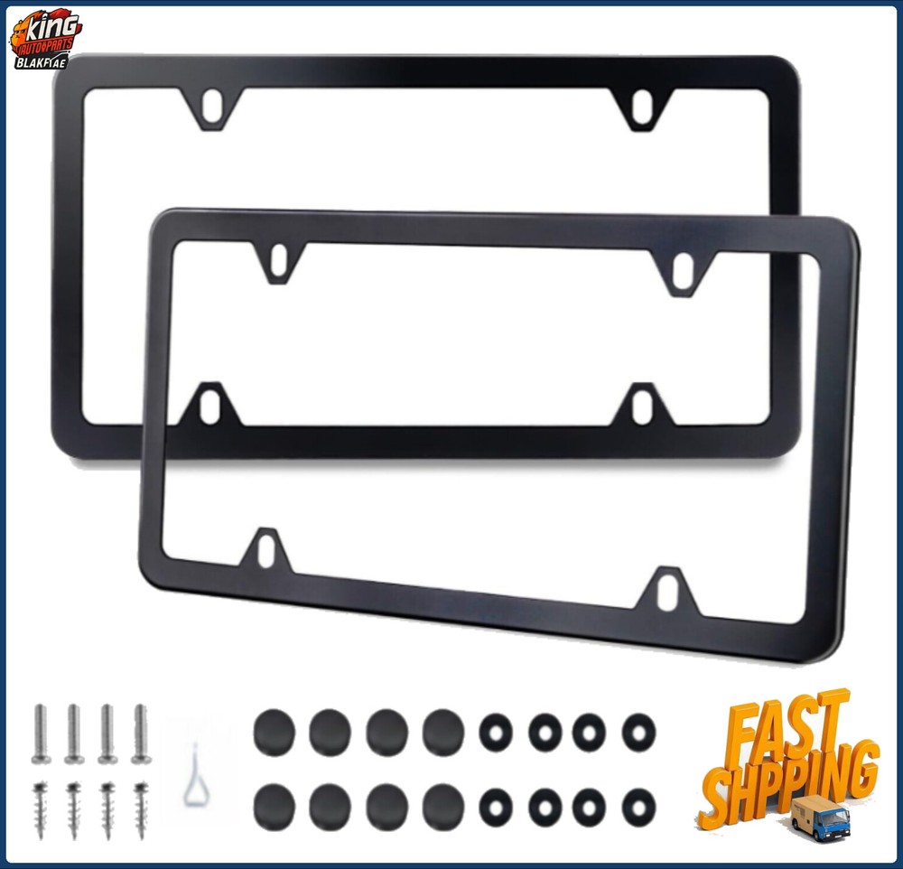 2PCS License Plate Frame Tag Cover Black Stainless Steel MetalScrew Caps 4 Hole