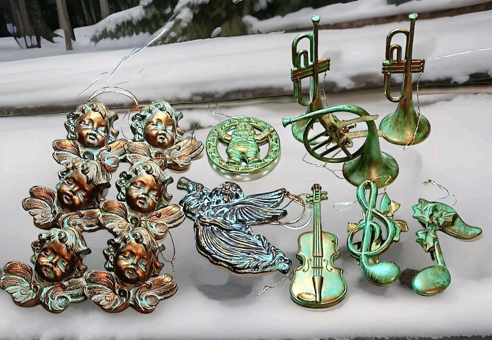 Angel Cherubs Musical 14-Piece Antique Green & Gold Christmas Ornament Set