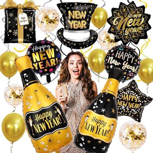 24pcs Big Happy New Year Star Champagne Bottle Balloons-Giant Round Foil Ball...-image