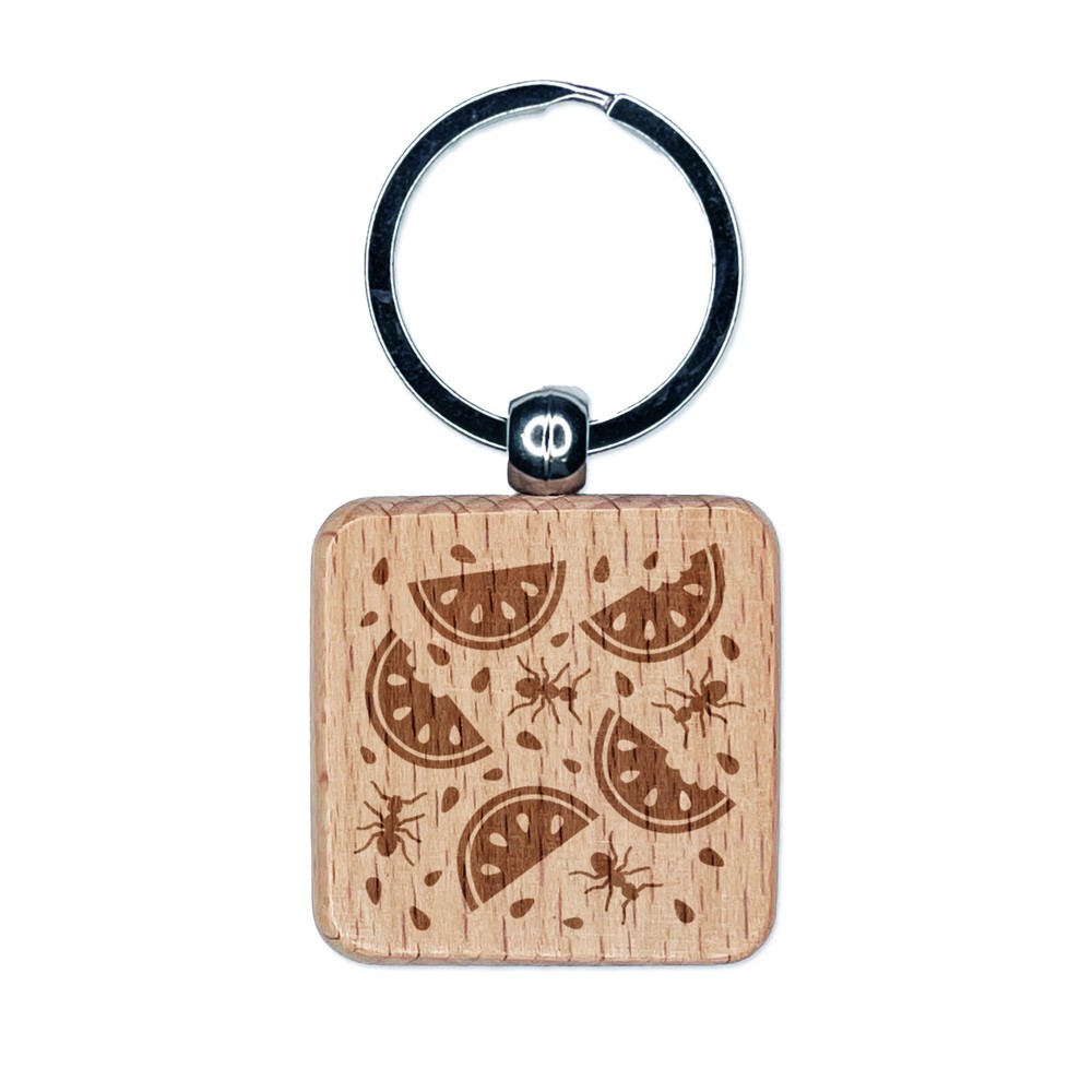 Watermelon and Ants Picnic Engraved Wood Square Keychain Tag Charm