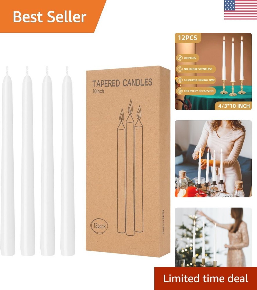 Elegant 10 Inch White Taper Candles - 12 Count, Ideal for Weddings & Home Decor