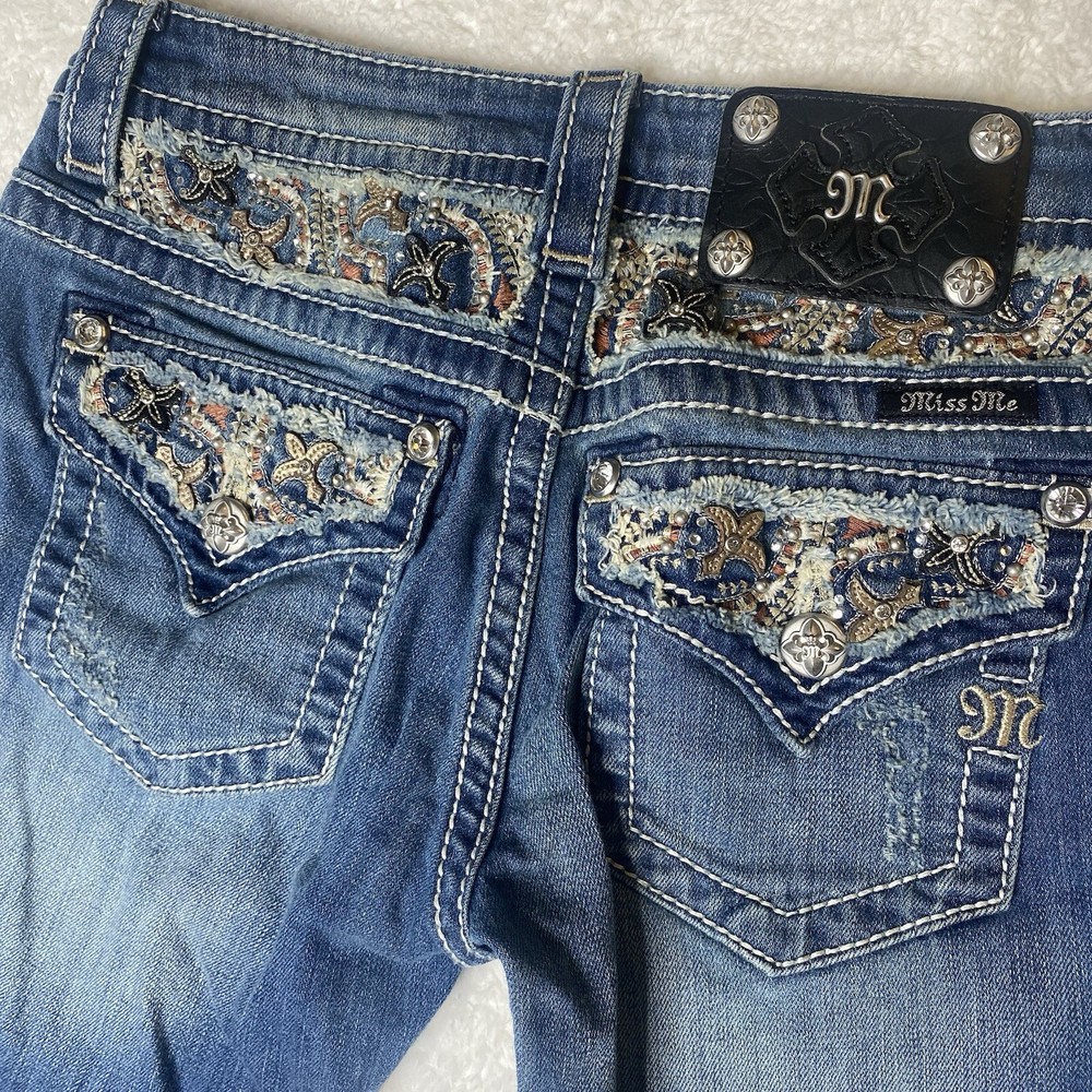 Miss Me Women's Blue Bootcut Stretch Jeans Size 26 with Studded Western Rodeo Design  