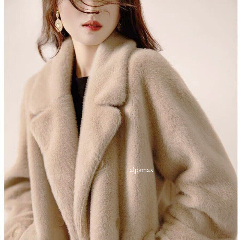 New Womens Lapel Faux Mink Fur Coats Mi Long Length Button Parka Loose Overcoats