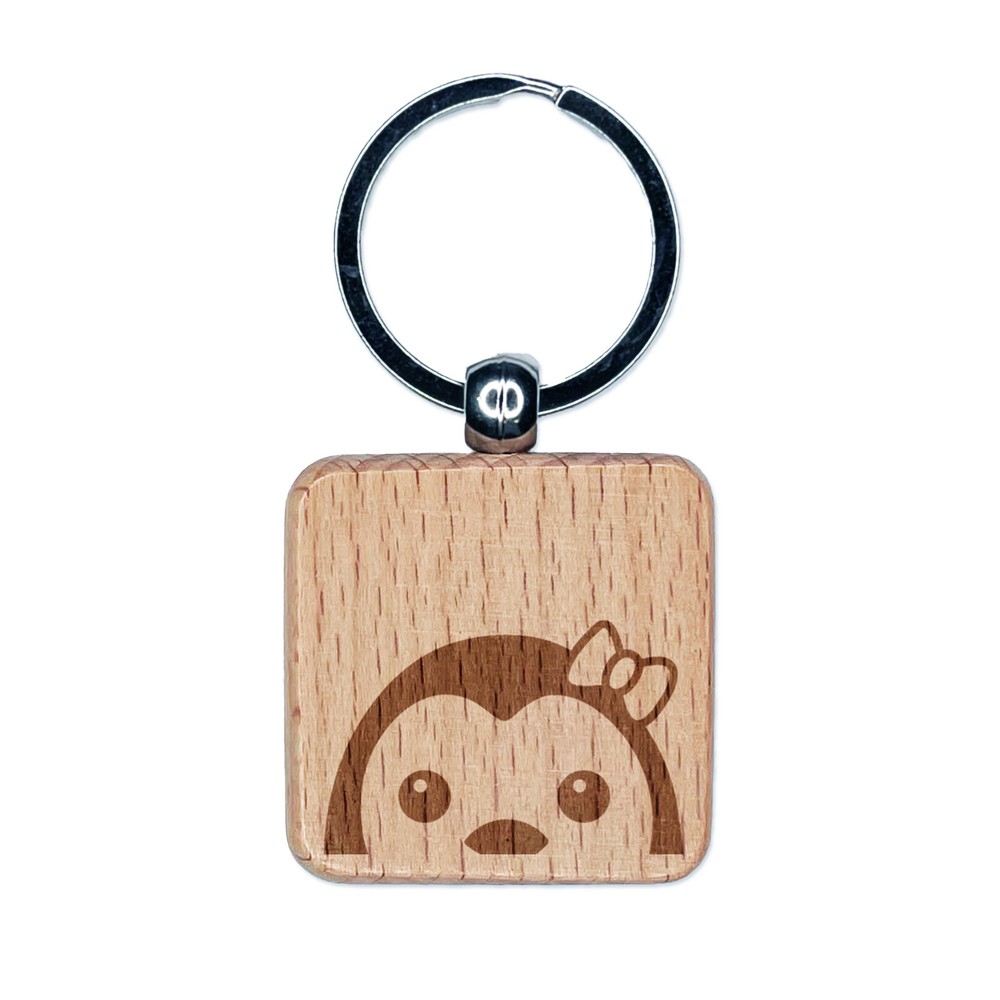 Peeking Penguin Engraved Wood Square Keychain Tag Charm