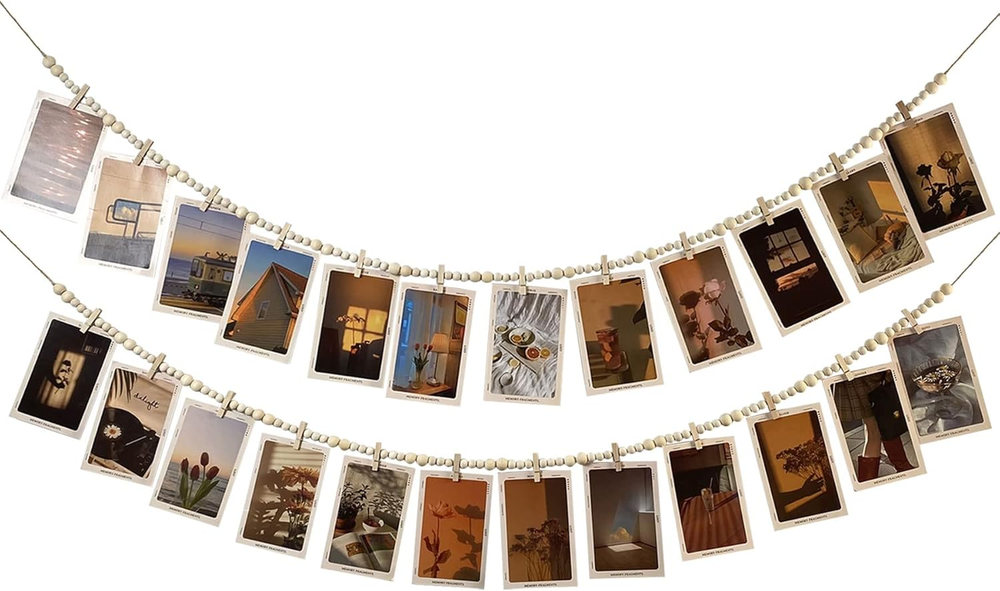 Hanging Photo Display With 12 Clips, Wooden Bead Garland 2PCS, Boho Style Collag