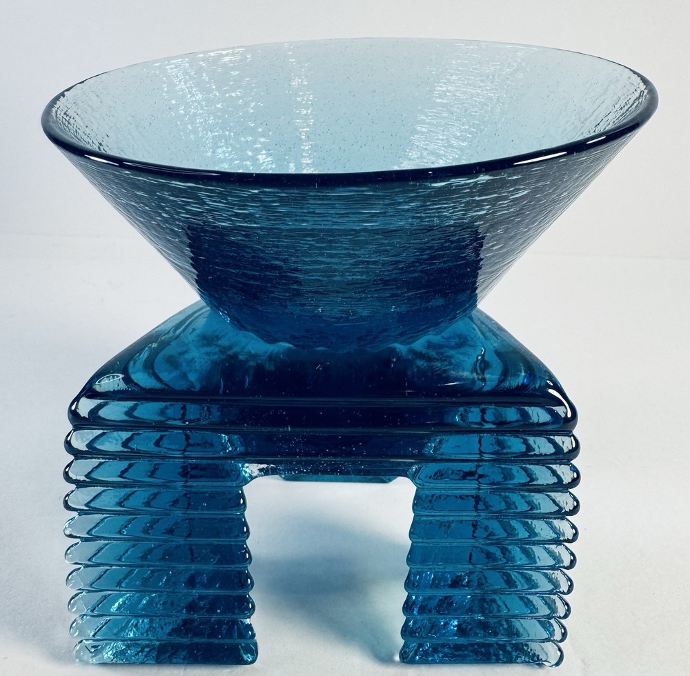 Hudson Beach Art Glass Handblown Blue Ribbed Tripod Stand Bowl