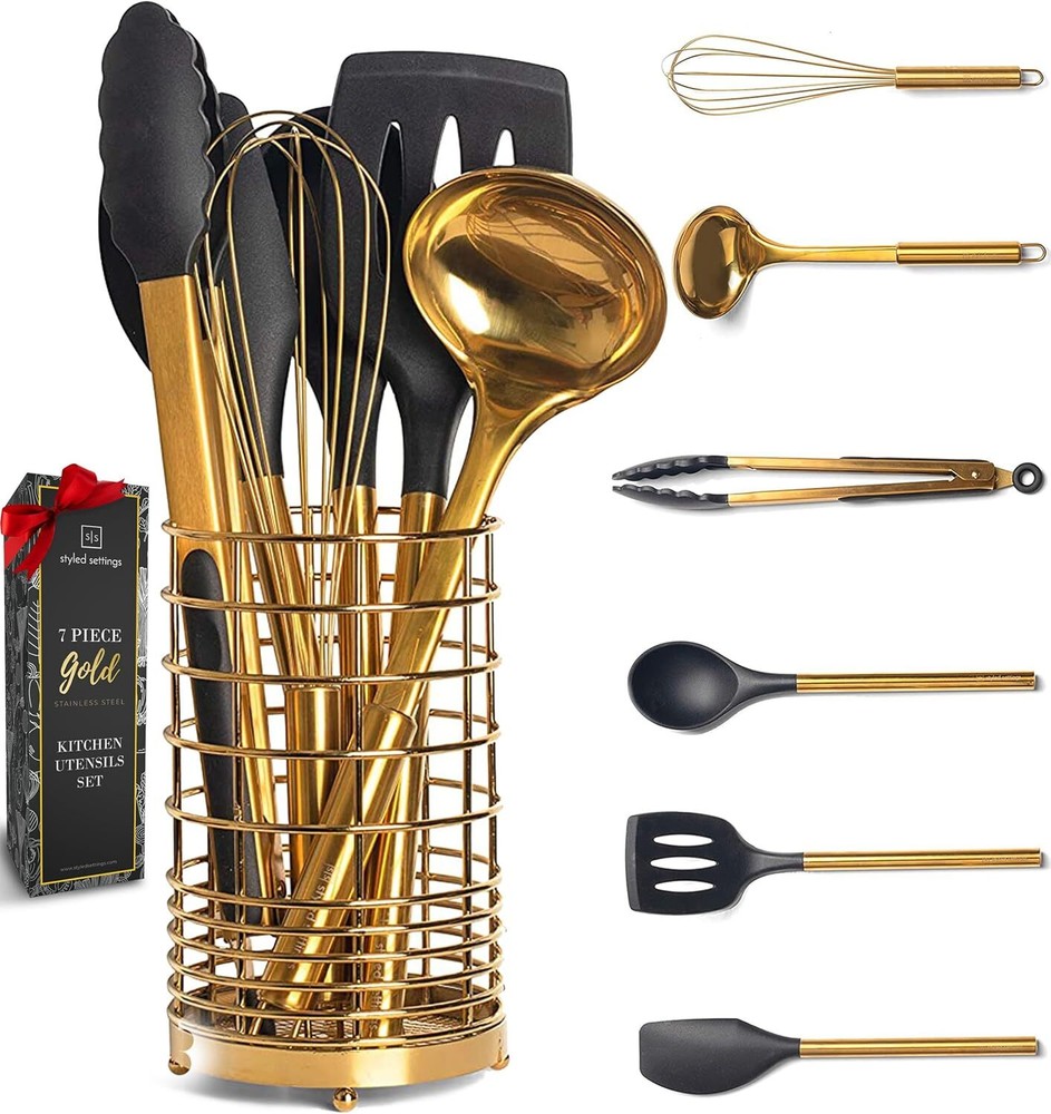 Black and Gold Kitchen Utensils Set with Holder - 7PC Gold Cooking Utensils Set