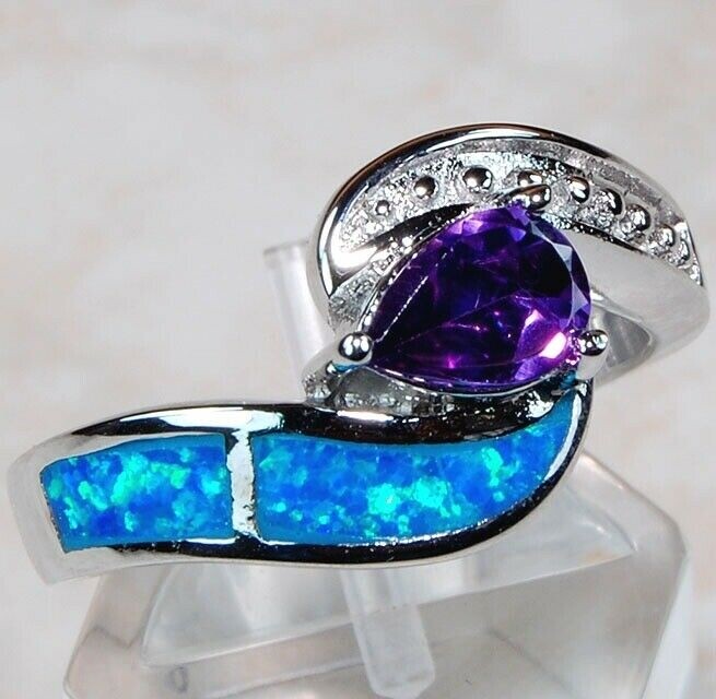 1CT Amethyst & Australian Opal Sterling Silver Ring Size 6 BA4