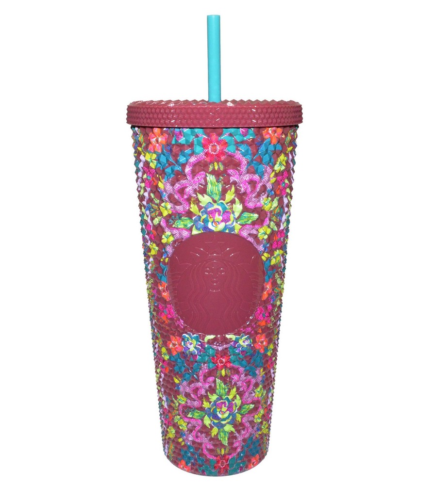 New Starbucks 24oz Floral Diamond Studded Cold Cup Tumbler - Lid w/Straw