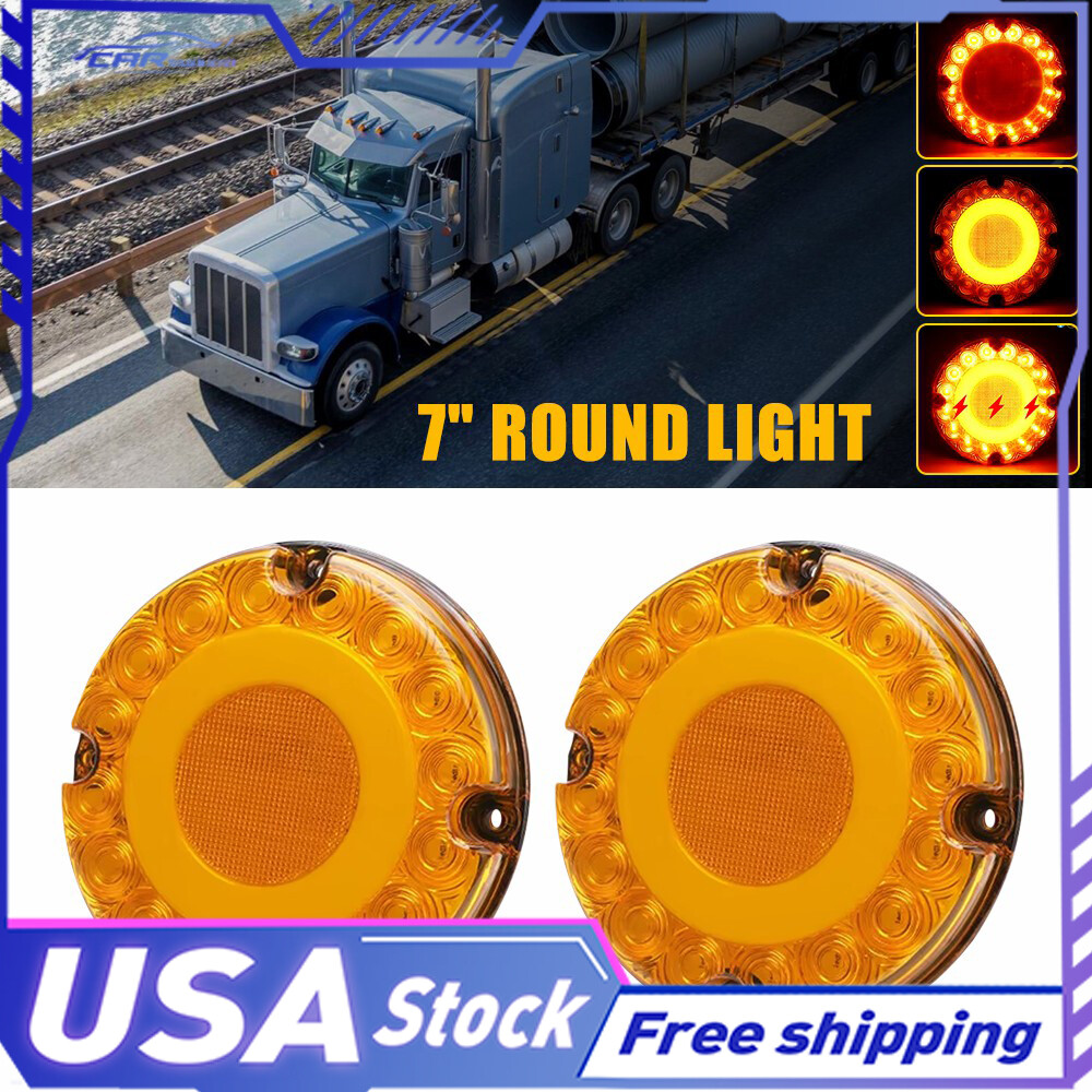 7-Inch Dual Round Amber LED Tail Lights with Brake, Turn Signal, and Daytime Running Light (DRL) Functionality for Trucks and Trailers