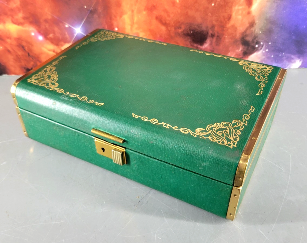 FARRINGTON TEXOL VANITY JEWELRY BOX w/TRAVEL CASE GREEN GOLD SCROLL VELVET USA