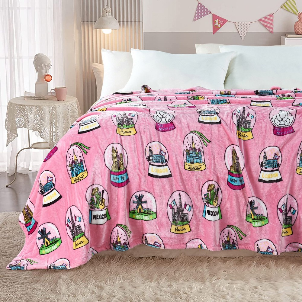 Printed Cities Flannel Fleece Blanket Pink Twin