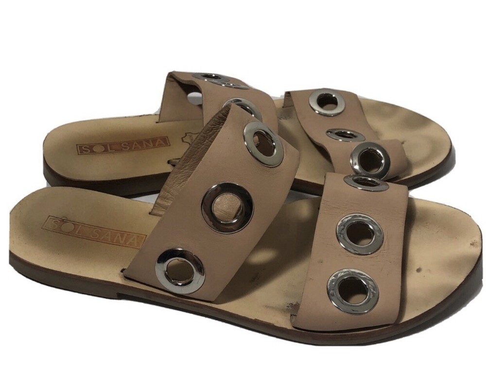 Sol Sana beige silver studded leather slide sandals size 8