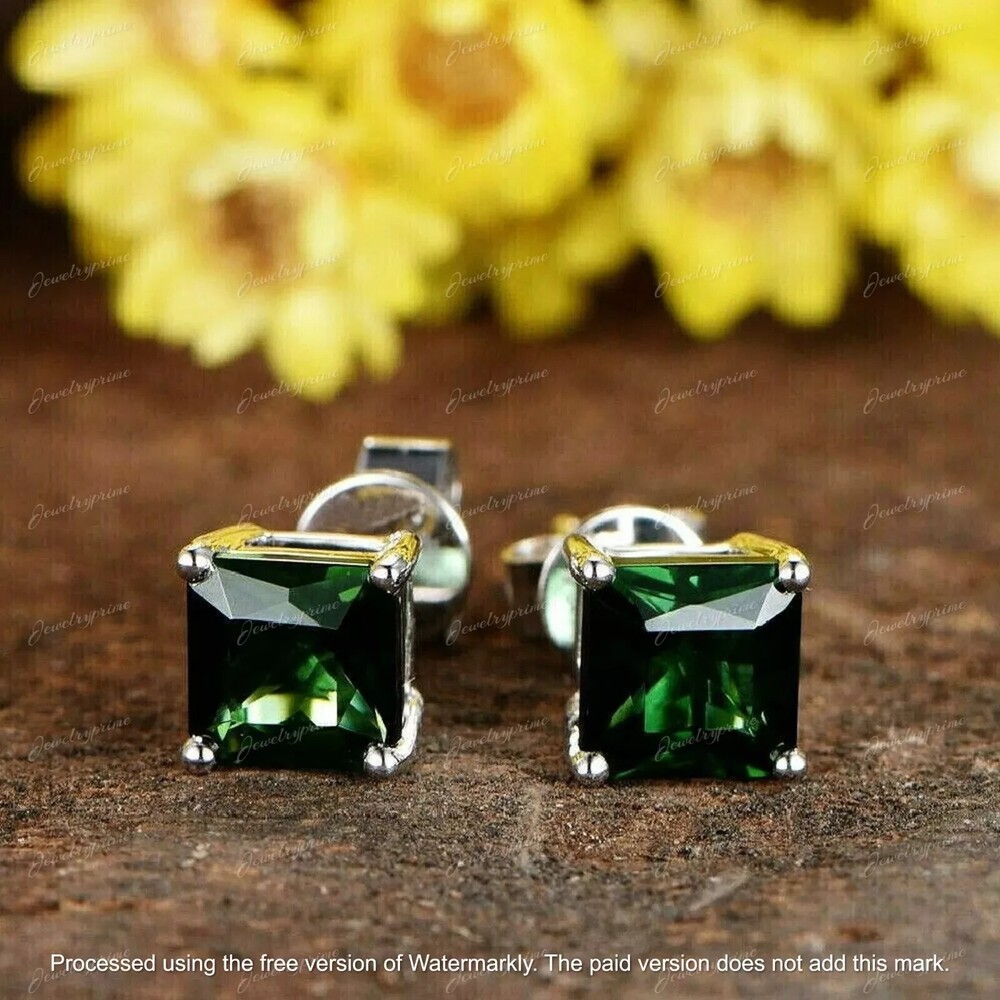 2Ct Lab-Created Green Emerald Princess Cut Stud Earrings in 14K White Gold