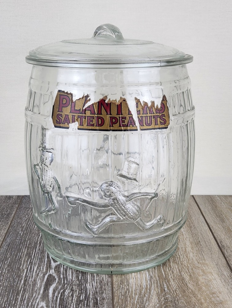 Vintage Mr Peanut Glass Barrel Jar Planter for Store Display