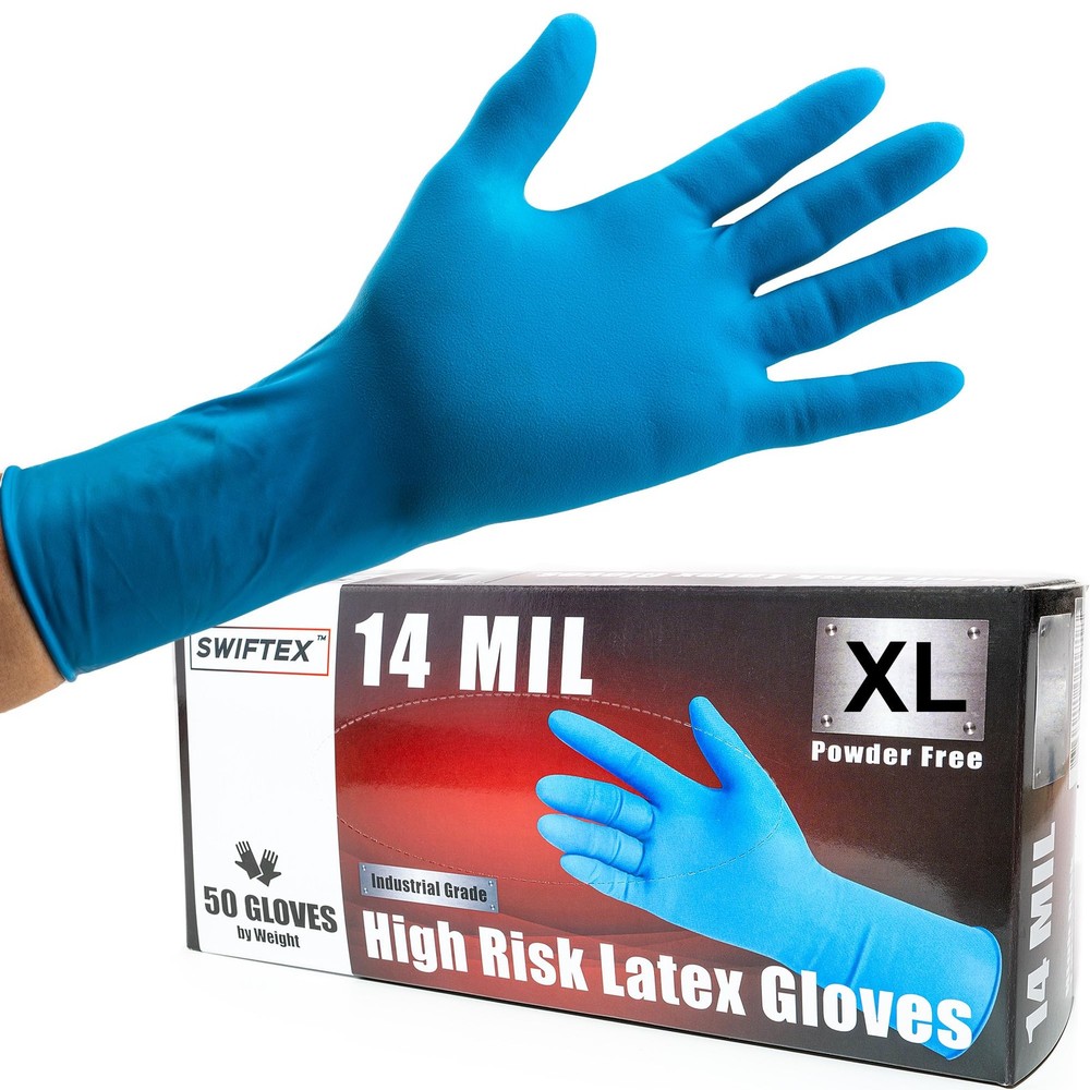 Heavy Duty 14mil Blue Latex Gloves Industrial Powder Free 12 Inch Length