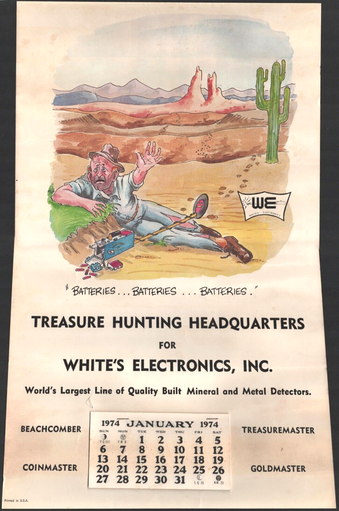 1974 White's Electronics vintage metal detecting humor poster calendar 14x22