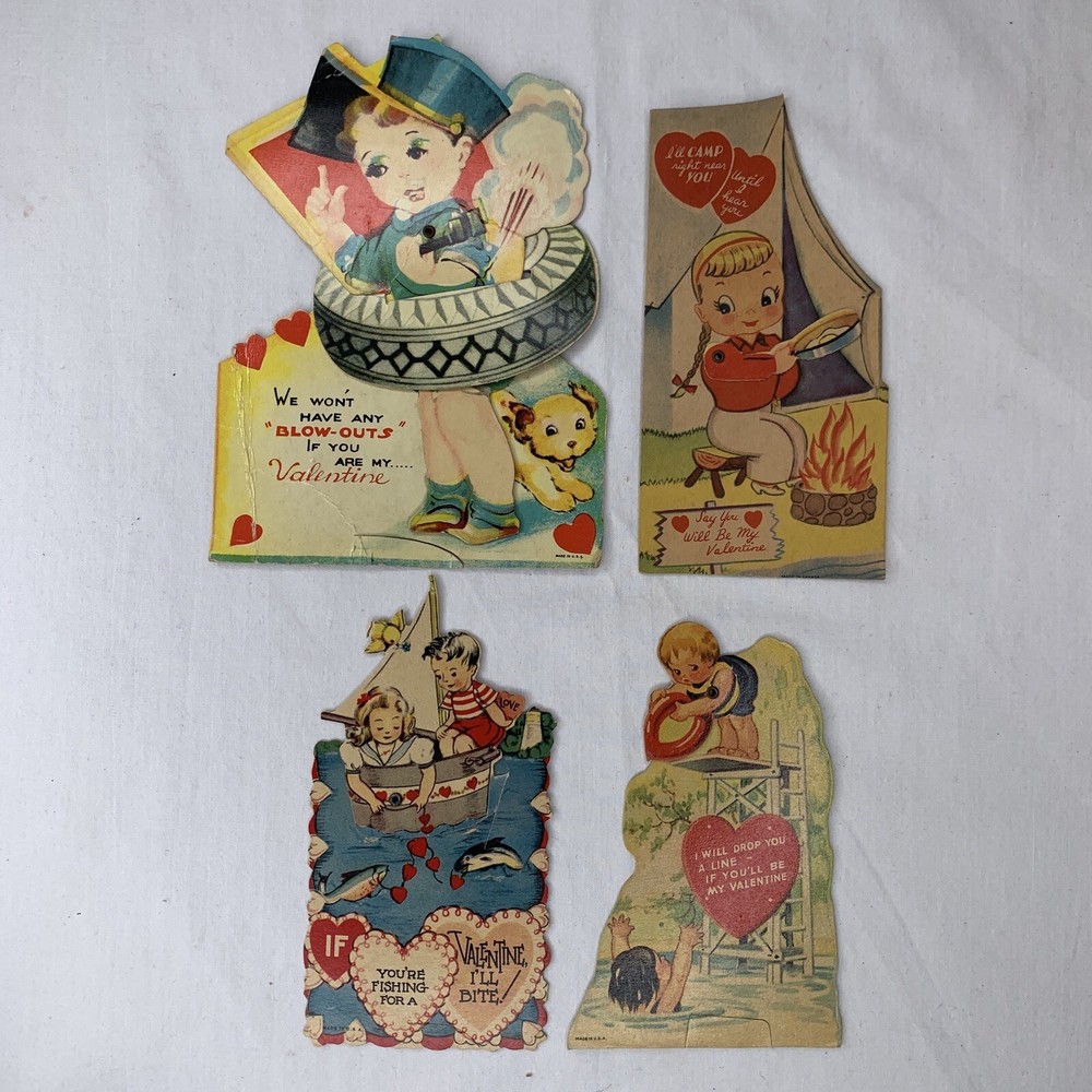 Vtg 1940s Valentine Cards Lot (4) Moving Mechanical Kids Outdoors Camping Swim