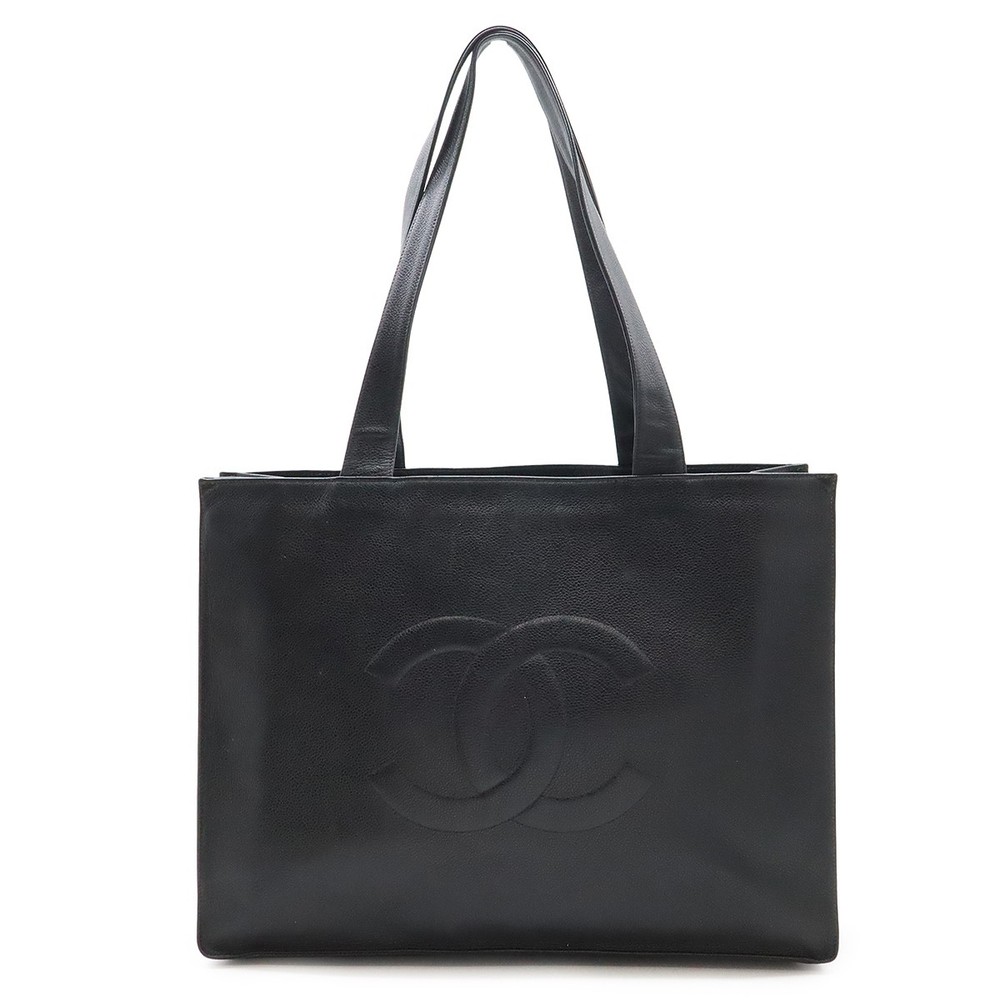CHANEL black leather tote bag with logo embroidery and semi-shoulder strap