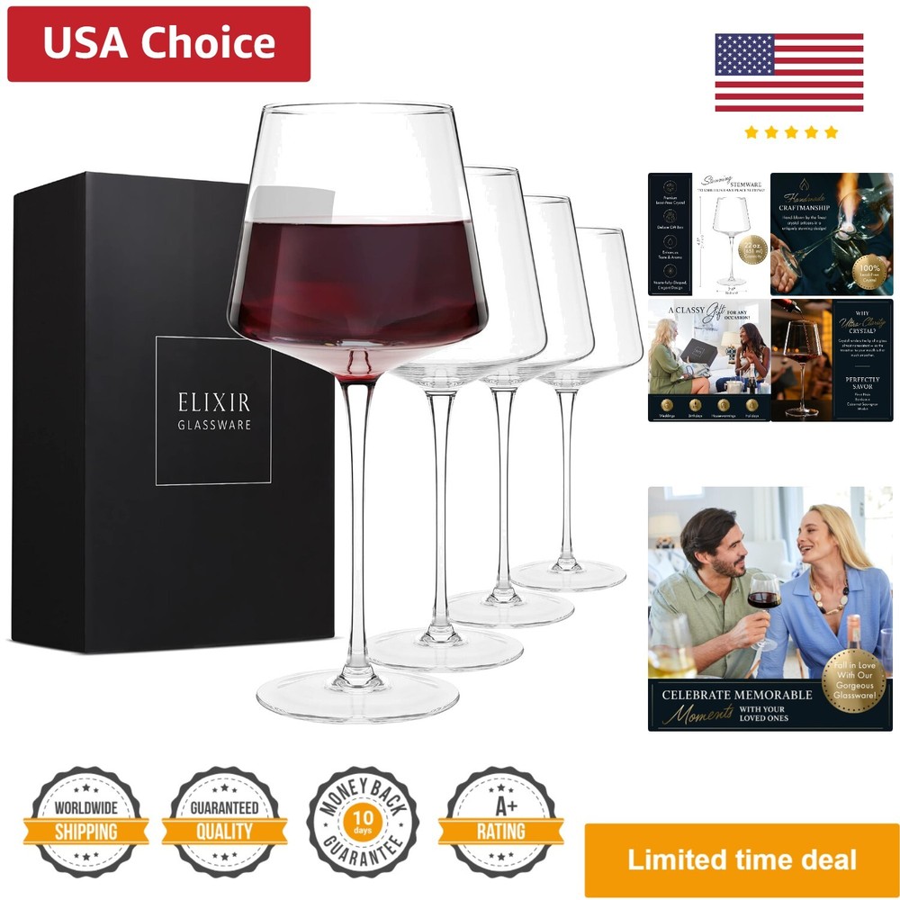 Modern Red Wine Glasses Set of 4 – Hand Blown Crystal Wine Glasses – Tall Lon...