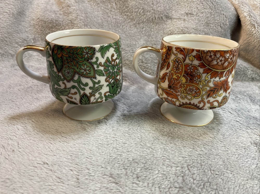 Vintage Arnart Royal Paisley Green & Orange Pedestal Footed Mugs Cups ~ 1984