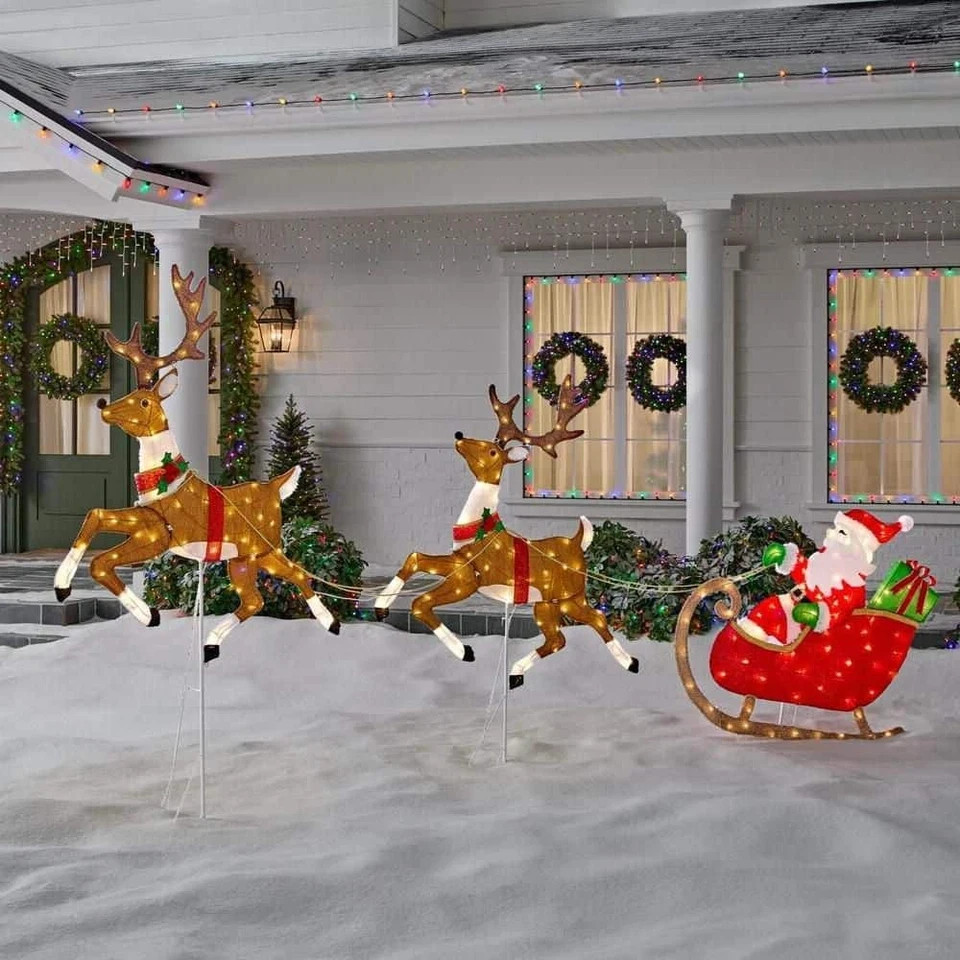 Christmas 6FT Santa Sleigh Reindeer Deer LED Lights Outdoor Lawn Yard Art Set