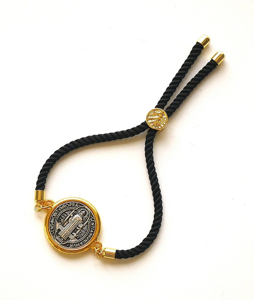 Saint Benedict Medal Black Cord Bracelet in Gold or Silver