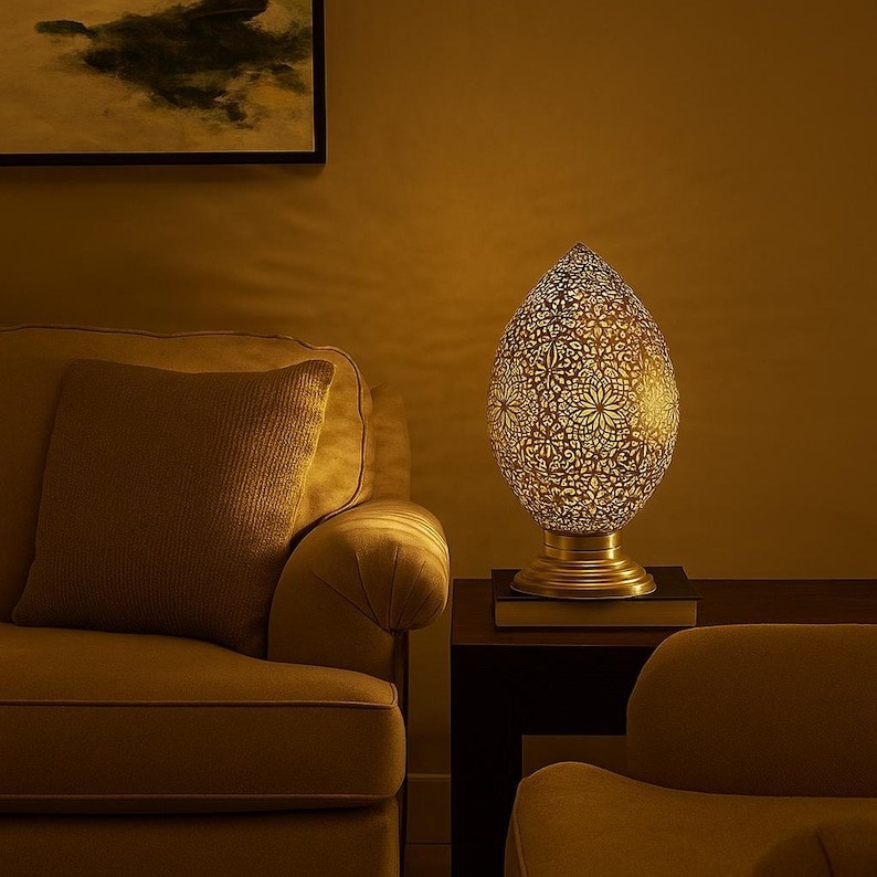 Handmade Moroccan Brass Table Lamp – Floral Pierced Shadow Light – Elegant Ambie