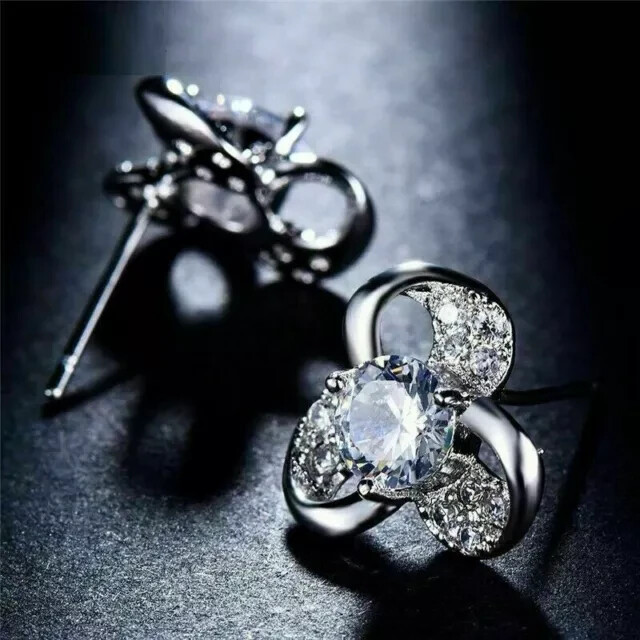 Round Cut Simulated Diamond Flower Stud Earrings in 14K White Gold Plated