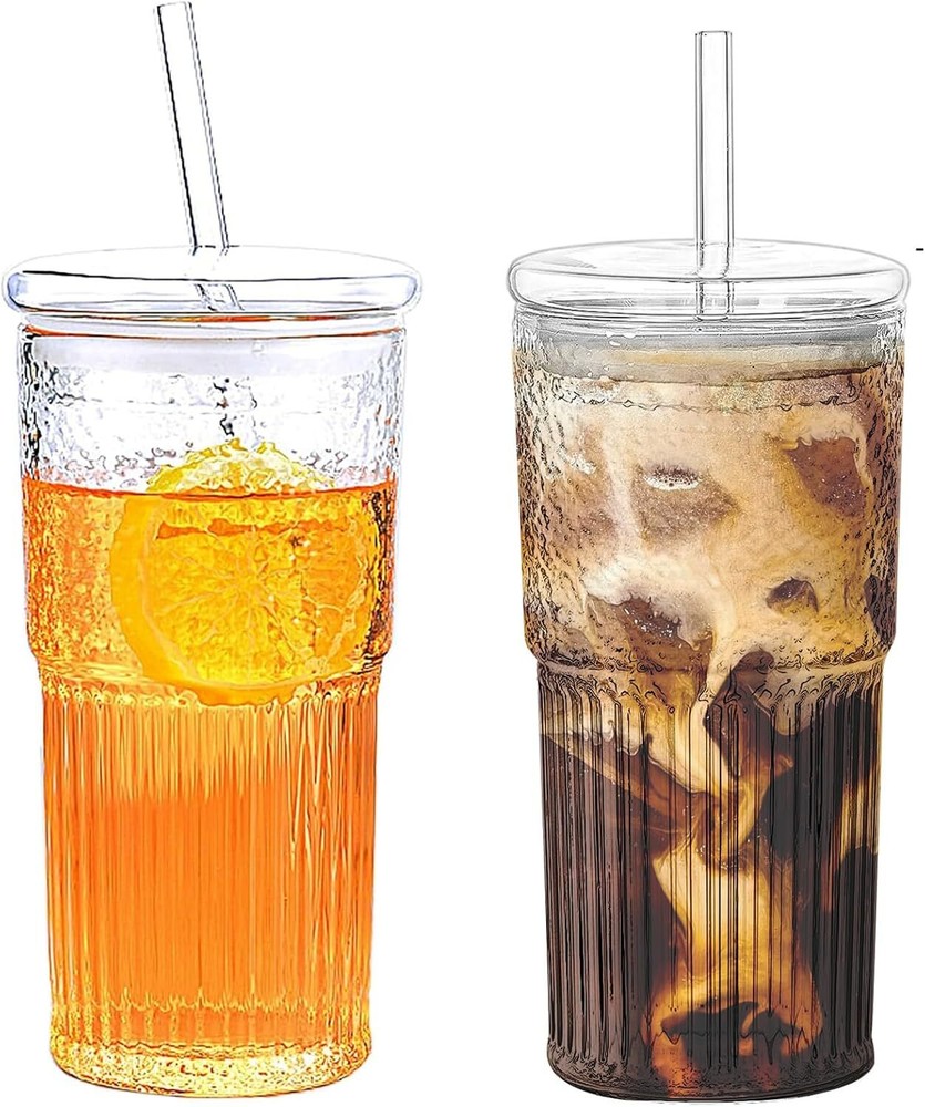 2PCS 20 oz Clear Glass Mugs with Lids and Straws for Iced Coffee