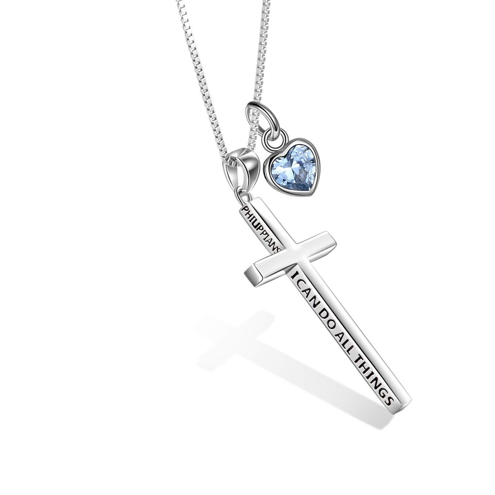 Sterling Silver Cross Necklace for Women March Birthstone Philippians 4:13 I ...