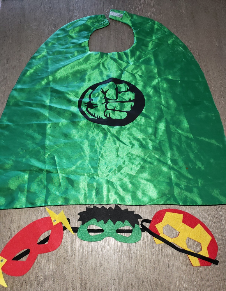 boys HULK PRETEND PLAY GREEN CAPE 3 EYE MASKS ONE SIZE FITS MOST HALLOWEEN