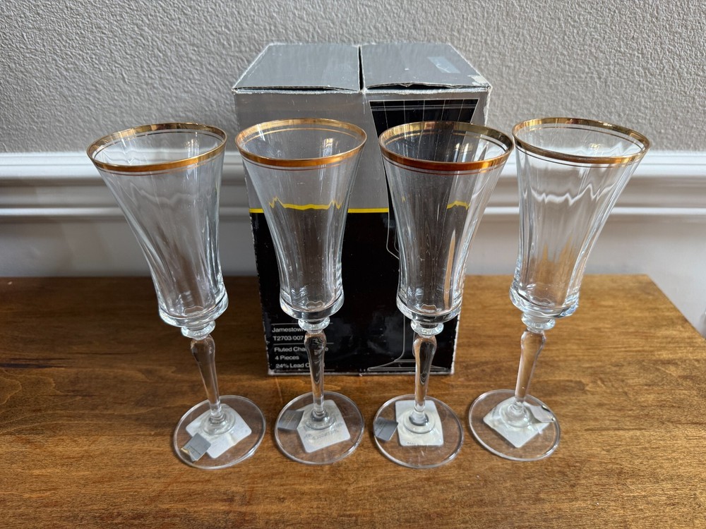 MIKASA CRYSTAL FLUTED CHAMPAGNE GLASSES JAMESTOWN GOLD 4 PIECES IN BOX