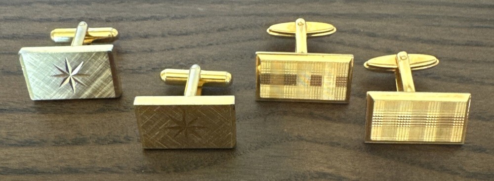 2 X Pair Retro Gold Tone Cut Etched Themed Rectangle Cufflinks