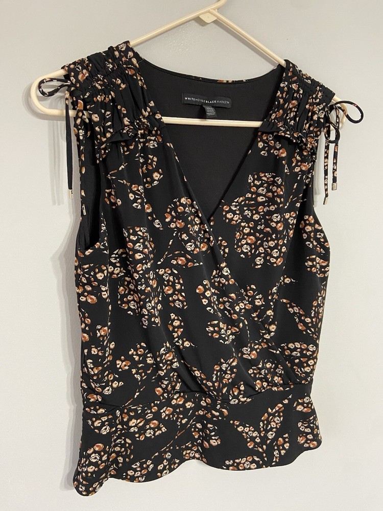 White House Black Market Black Patterned Sleeveless Wrap Blouse womens small