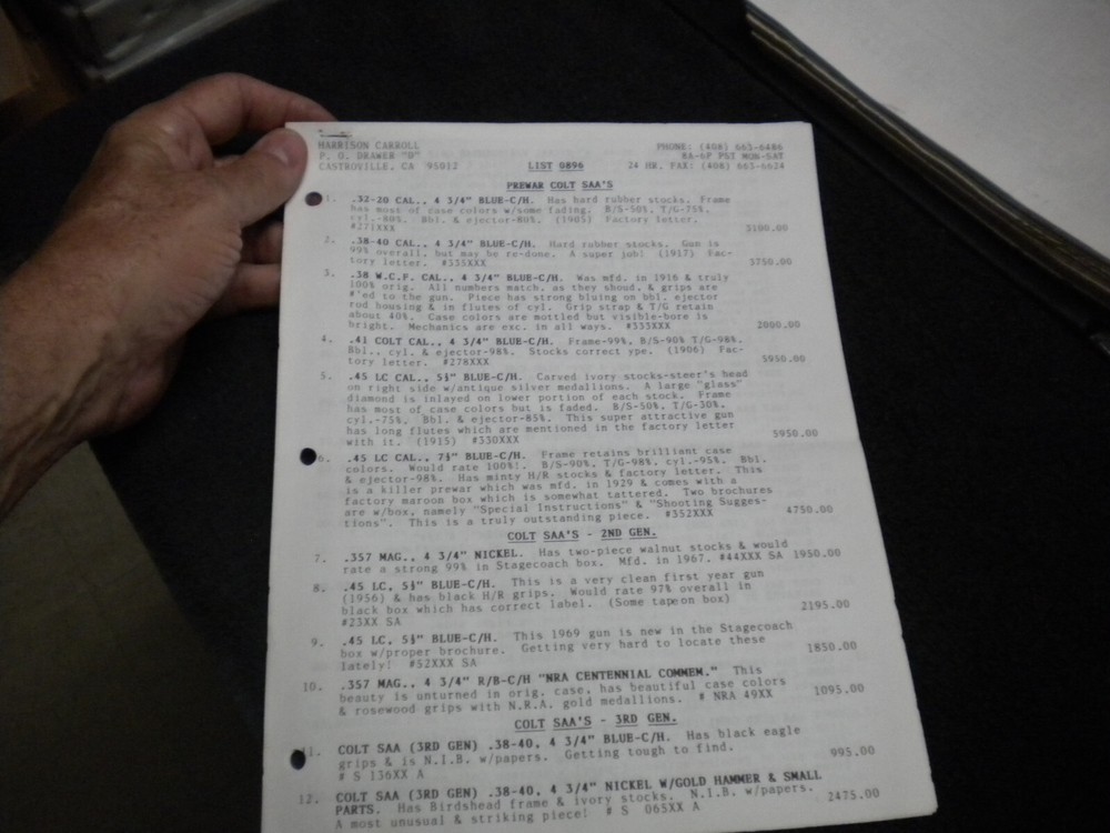 Harrison Carroll List 0896  July 1996   Colt SAAs , S&W ,  price list