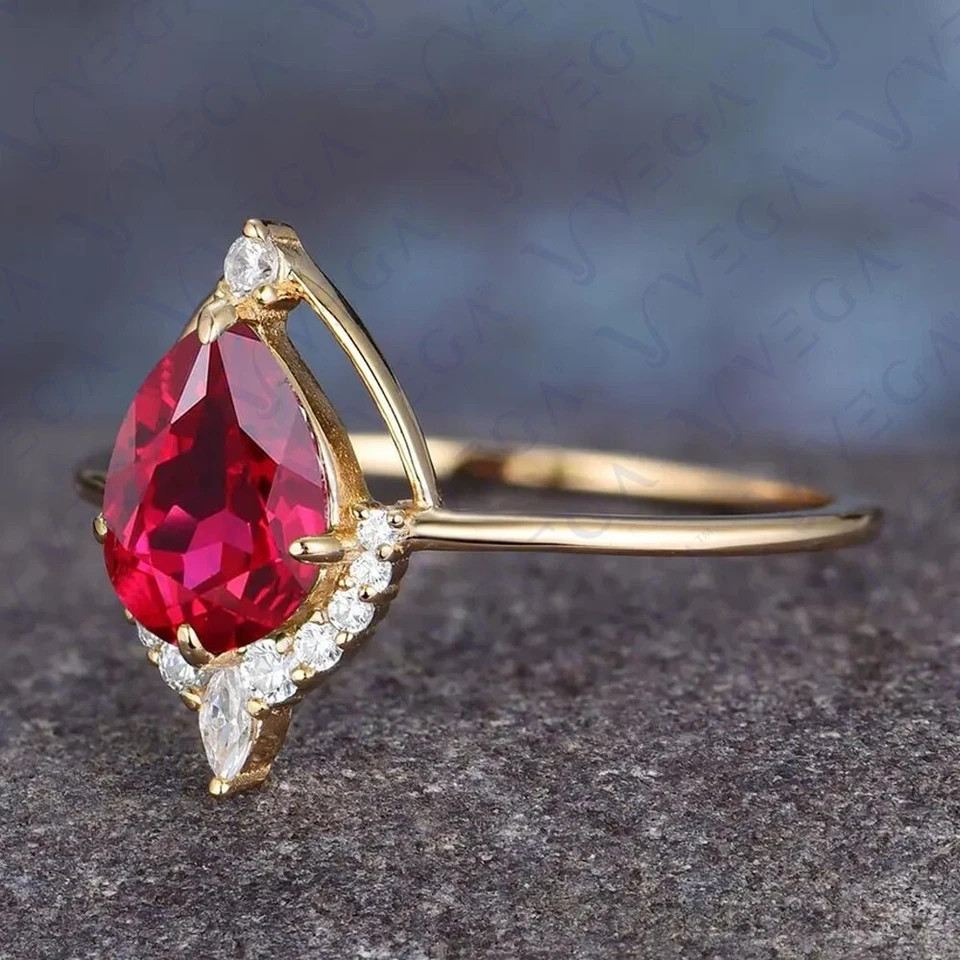 3.58 Ct Pear Cut  Ruby & Diamond Wedding Ring 14K Solid Yellow Gold